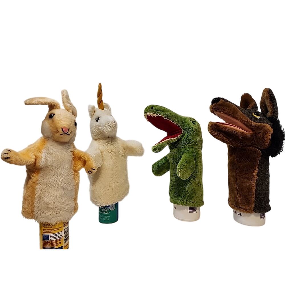 Lot Of 4 Vintage Dakin Hand Puppets Plush Big Bad Wolf Crocodile Rabbit Unicorn